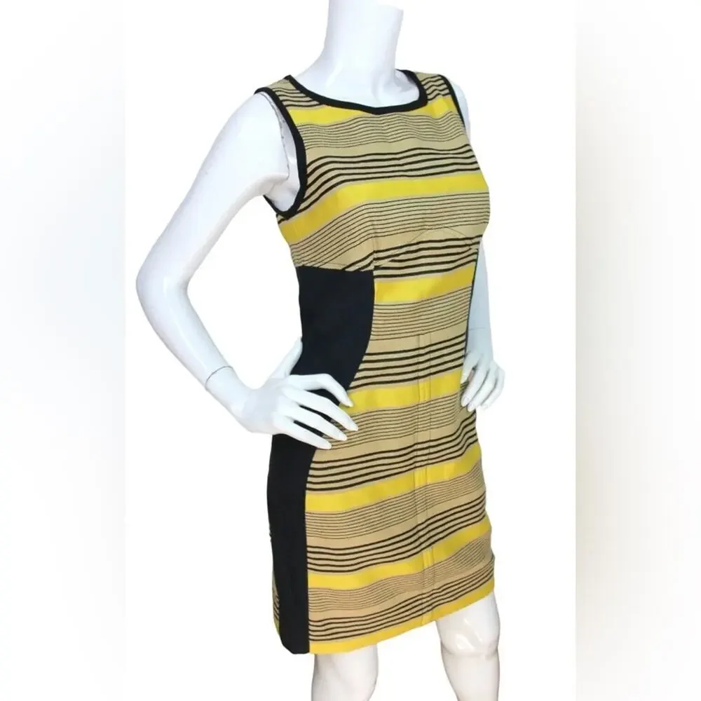 EUC Sea New York Women Black yellow tan striped shift linen dress 4 - Picture 2 of 7